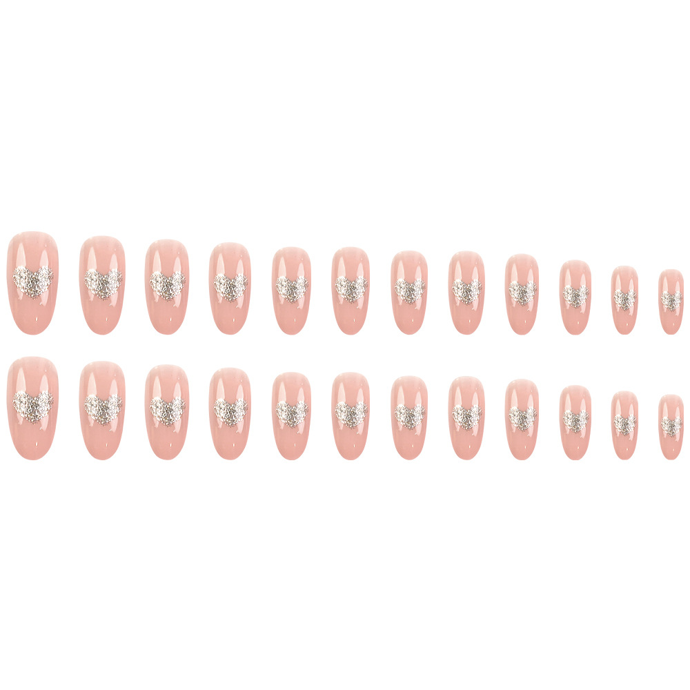 Desnudo polvo de plata brillante amor manicure, uñas de cabeza redonda, suave y dulce viento para usar uñas largas, 24 piezas de parche de uñas falsas
