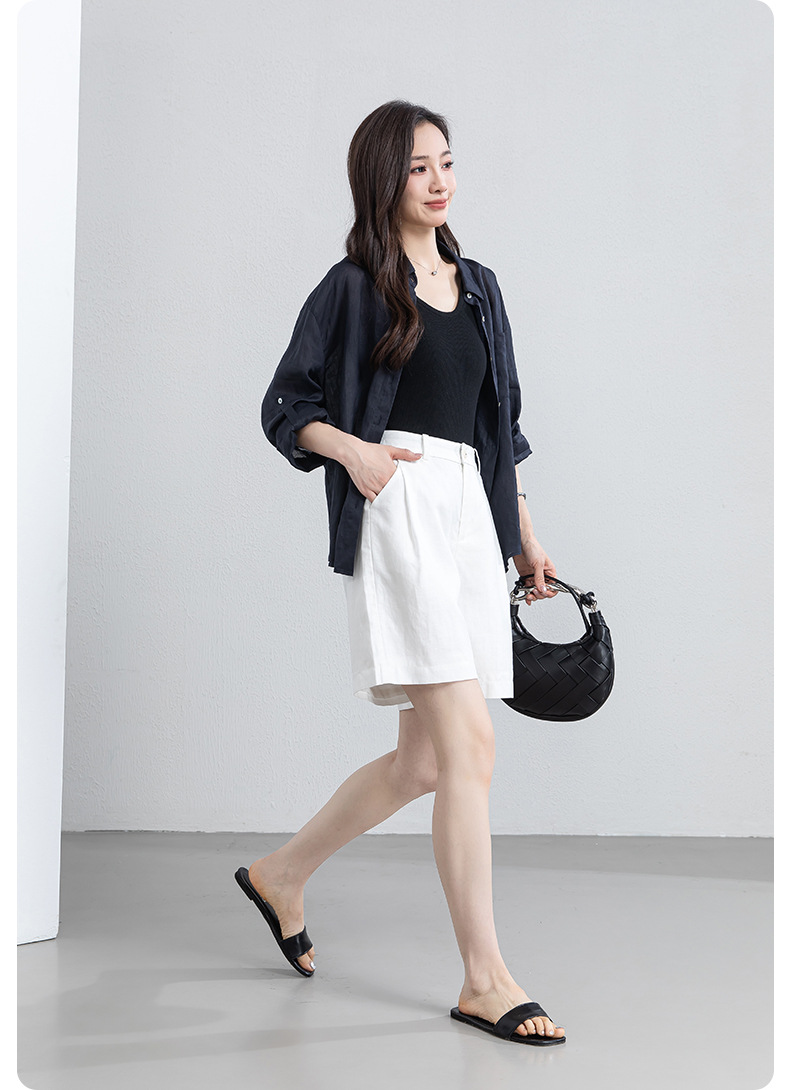 Quần short nữ cạp cao dáng chữ A ống rộng chất liệu linen phối lụa thoáng mát — màu xanh navy chi tiết 25