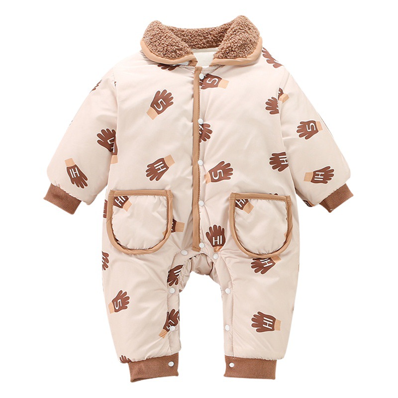 Bebé Invierno nueva ropa de algodón acolchado hombres y mujeres bebé forrado de lana acolchado mono engrosado guantes calientes impresos mameluco acolchado de algodón