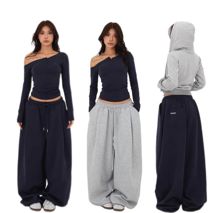 American retro basic casual pants for men and women, hip-hop street dance jazz loose slimming versatile wide-leg sports sweatpants