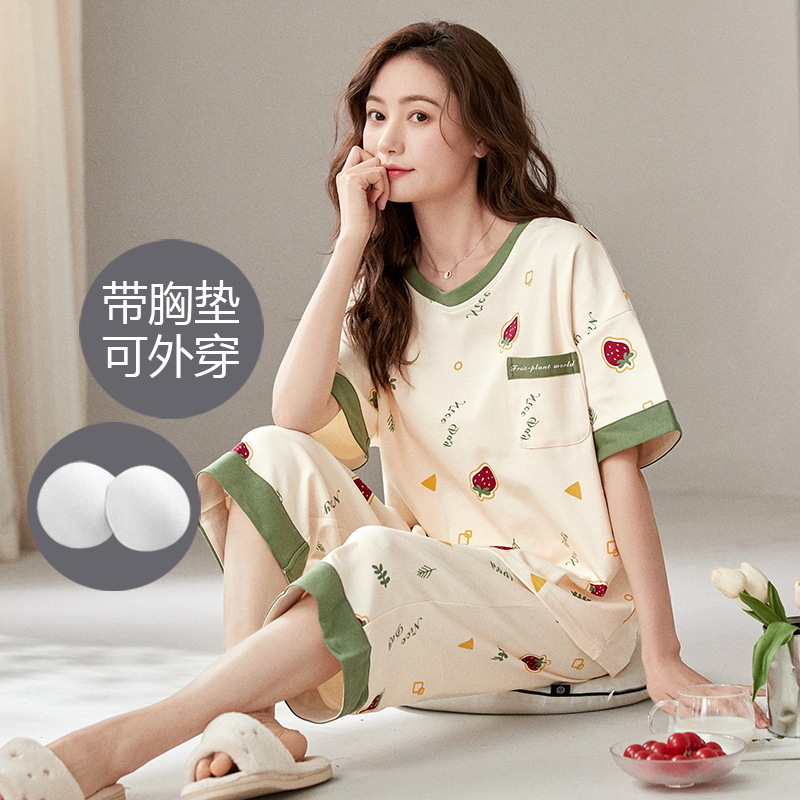 Pajamas Women Summer Cotton Short-sleeved Capri Pants with Chest Pad Home Clothes Summer Thin Casual suit Wholesale