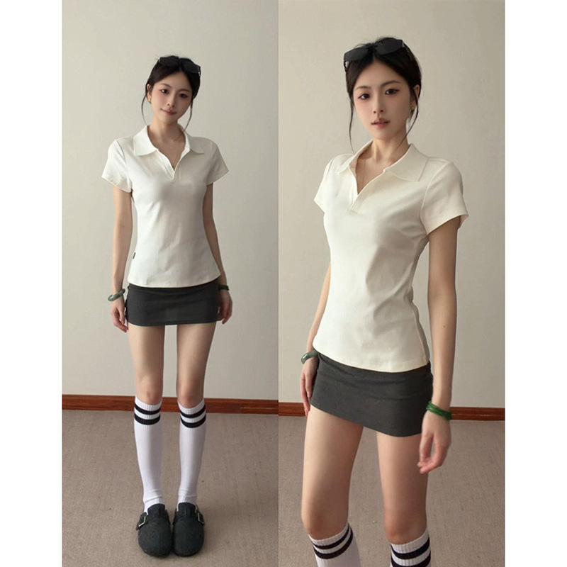 Korean-Style Elegant V-Neck Polo Shirt for Women, Summer Slim-Fit Waist-Cinching Turn-Down Collar Sports Tennis Short-Sleeve Top