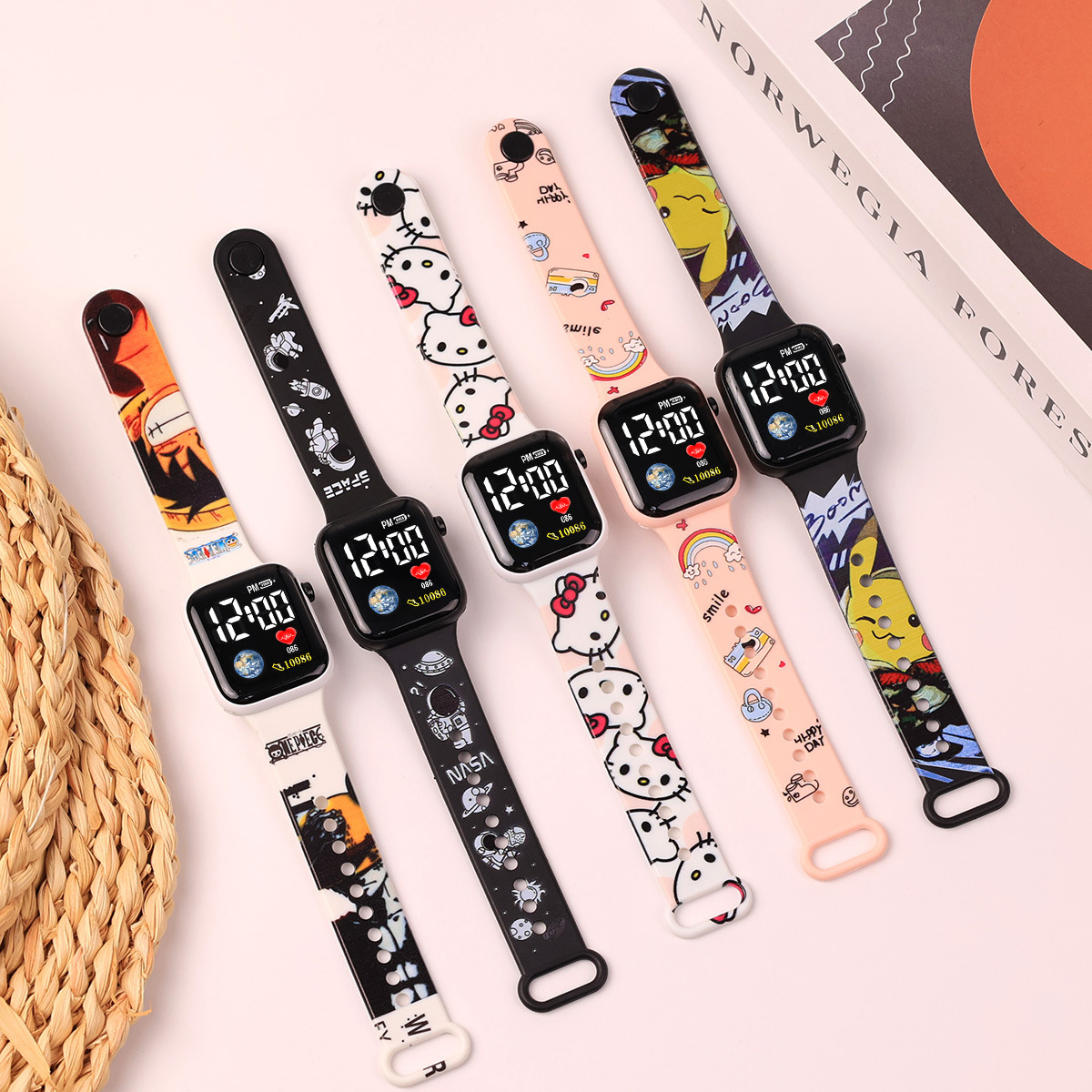 cartoon printing button LED watch fashion personality square electronic watches for primary school students
