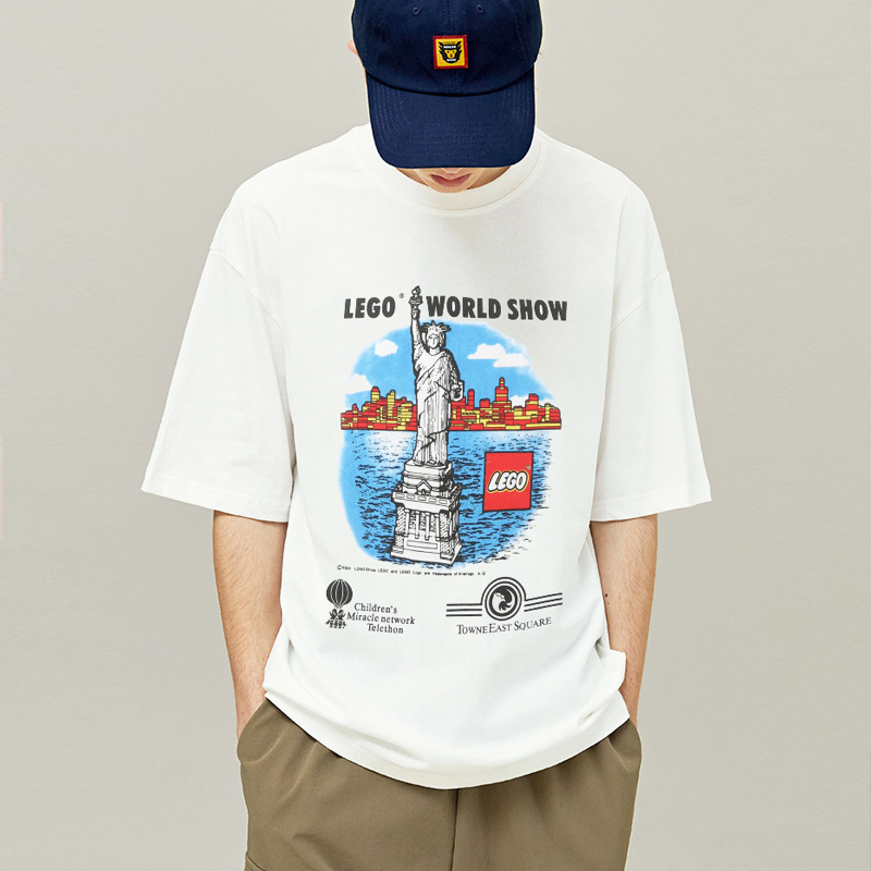 2025 Men's Fashion Brand American Retro Street Casual Lego Statue of Liberty Personalized Round Neck Short-Sleeved T-Shirt Half-Sleeved