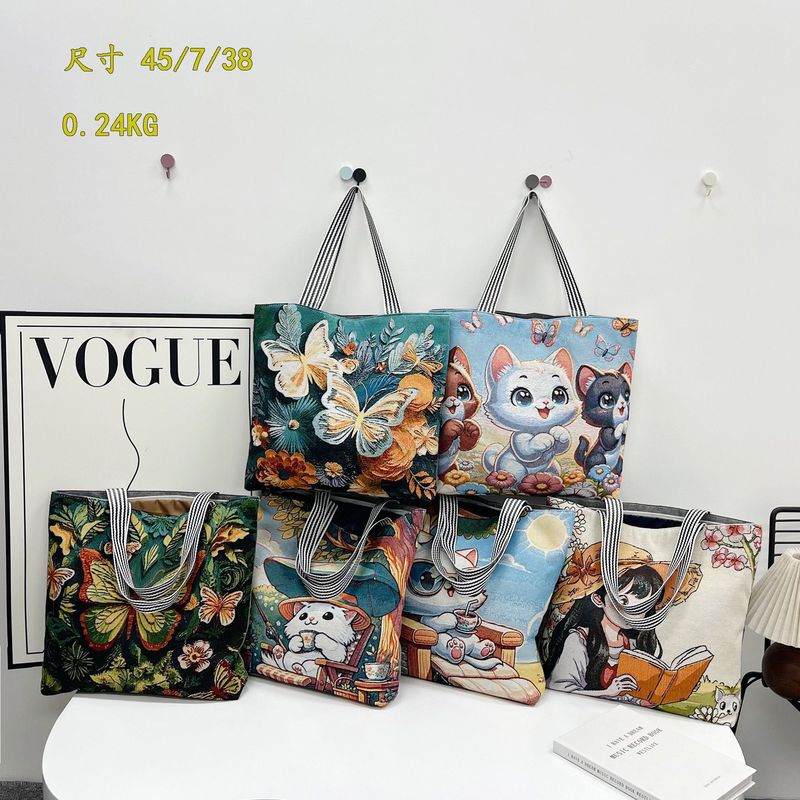新しい女性のキャンバスポータブルショルダーバッグ漫画蝶織り刺繍シンプルな大容量ショッピングバッグ短距離旅行大型バッグ|undefined