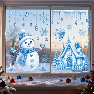 圣诞冬日装饰雪景氛围玻璃窗贴冰蓝童话水晶雪人雪屋橱窗花静电贴