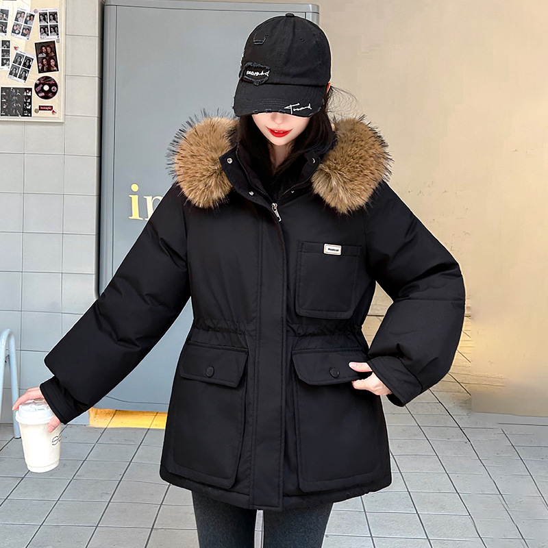 2025 nueva ropa de trabajo de algodón de invierno caliente chaqueta de algodón con capuzas a prueba de viento gran cuello de cabello suelto y grueso chaqueta de moda