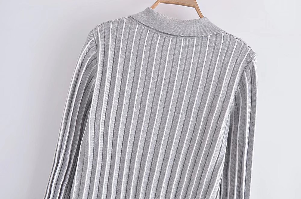 Long Sleeve Slim Lapel Striped Knitted Top NSAM115616