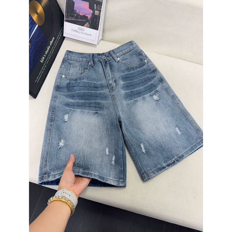 American-Style Lightning Pattern Ripped Denim Shorts for Men, Summer Trendy Brand, Cool Straight-Leg Pants, Washed Vintage Four-Quarter Length Shorts American-Style Lightning Pattern Ripped Denim Shorts for Men, Summer Trendy Brand, Cool Straight-Leg Pants, Washed Vintage Four-Quarter Length Shorts