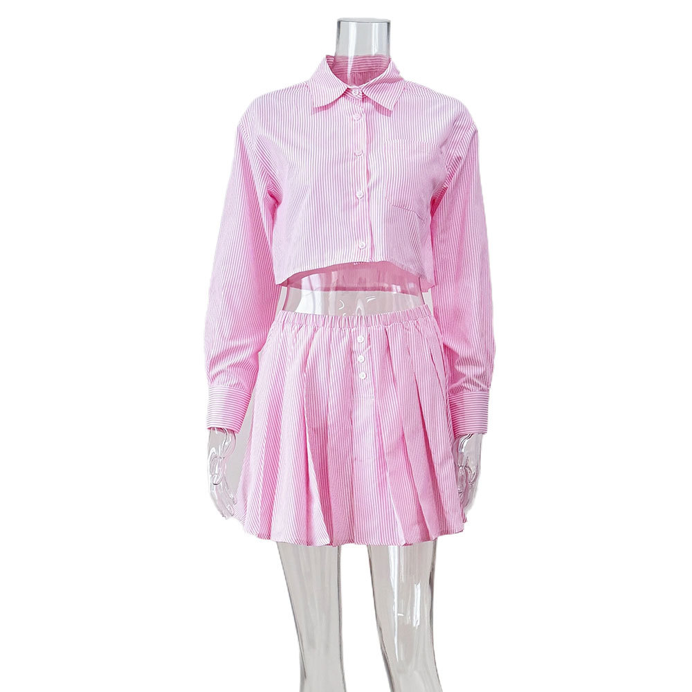 European And American Cross-Border Striped Long Sleeve Shirt Women's Tennis Fashion Casual Elastic Waist Pleated Short_ecoleips.com