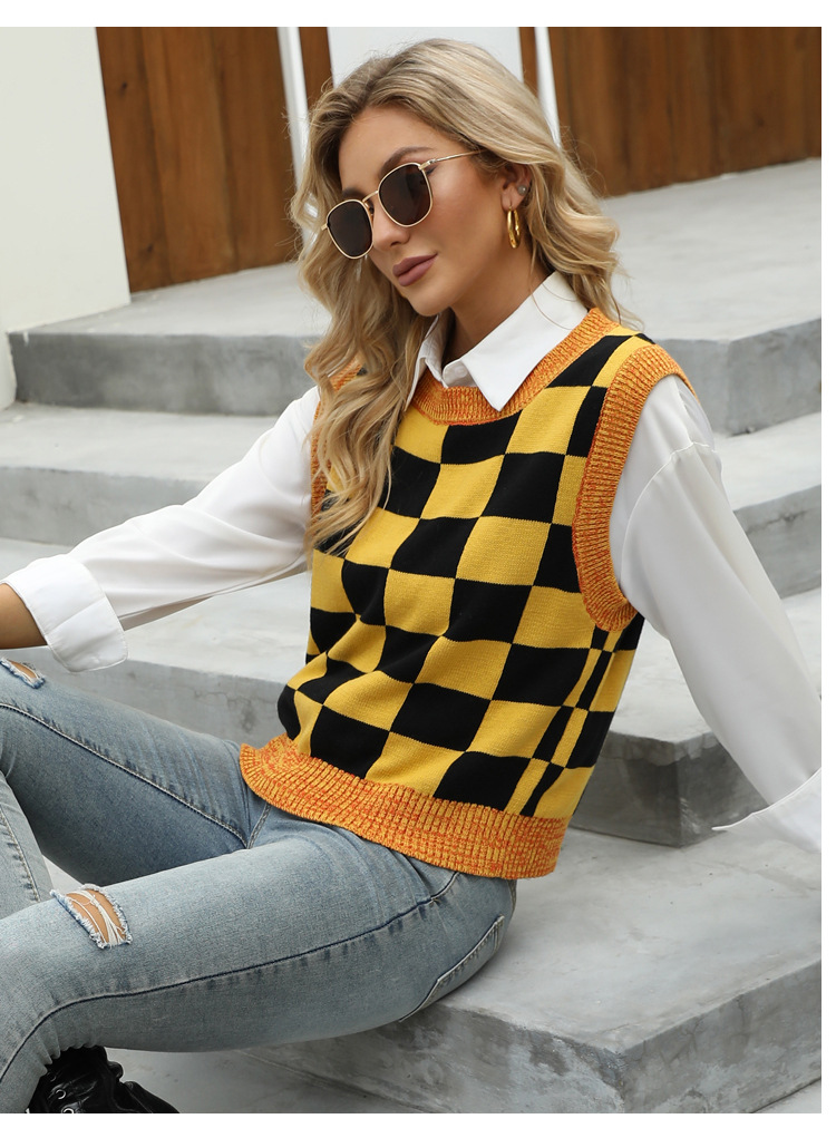 sleeveless plaid color contrast knitted sweater vest nihaostyles wholesale clothing NSYH82731