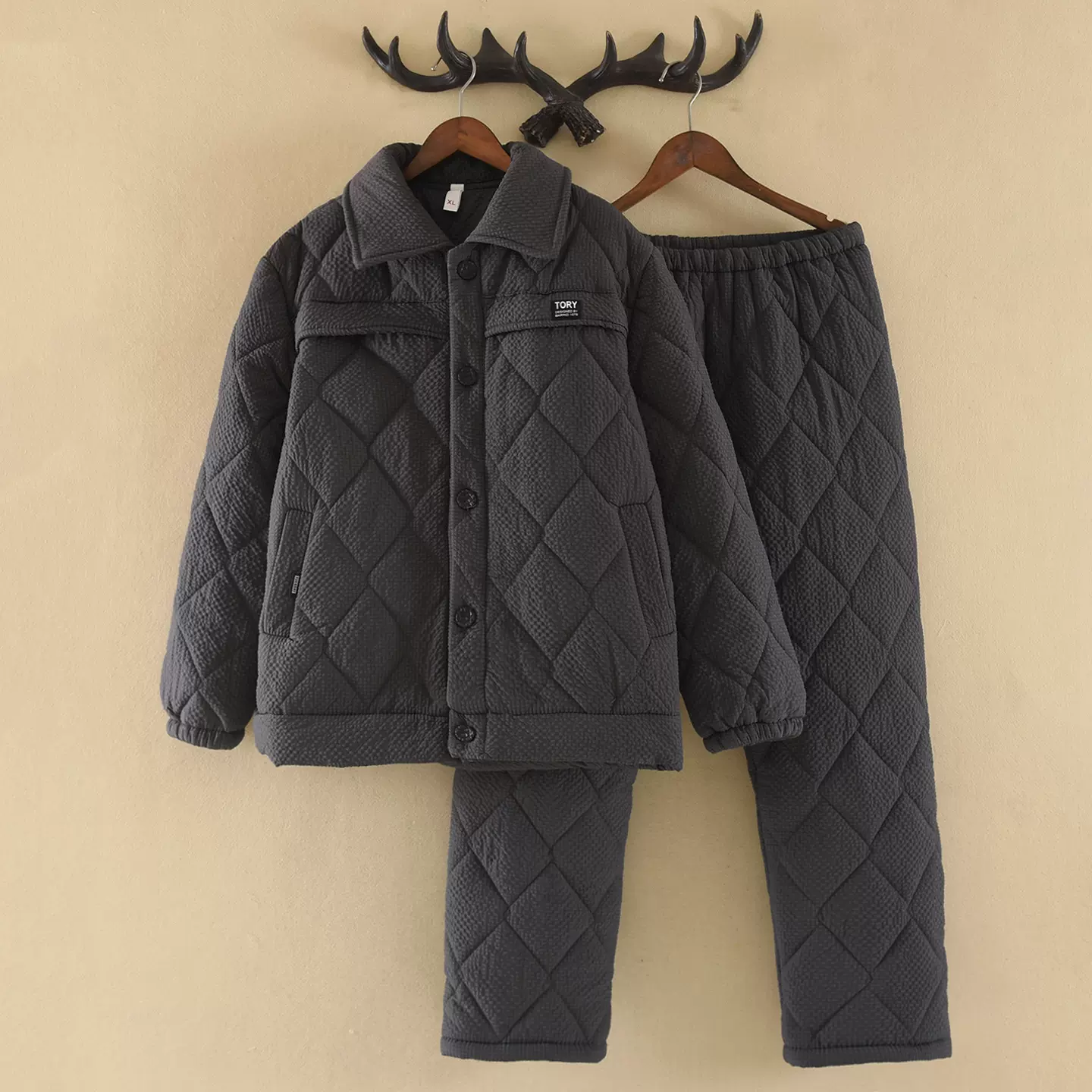 【防风防水】黑色翻领睡衣男士冬季梭织夹棉三层加绒加厚家居服