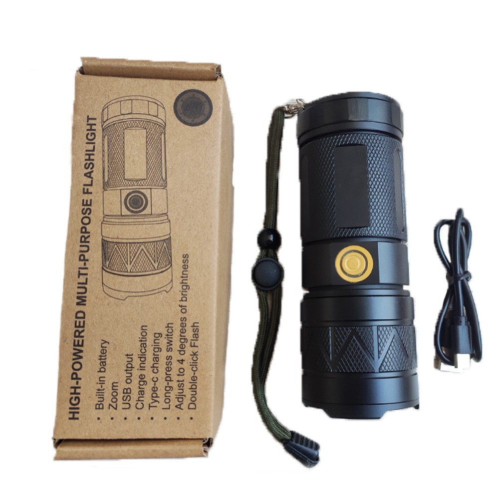 Douyin venta caliente pistola de acero pequeña linterna de luz fuerte enfoque con salida de luz trasera banco de energía linterna láser de emergencia para exteriores