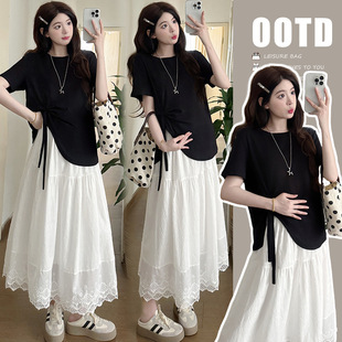 Real Shot Spot 2025 Summer Design Pure Cotton Short-Sleeved Top + Pig Nose Button Skirt Maternity Suit