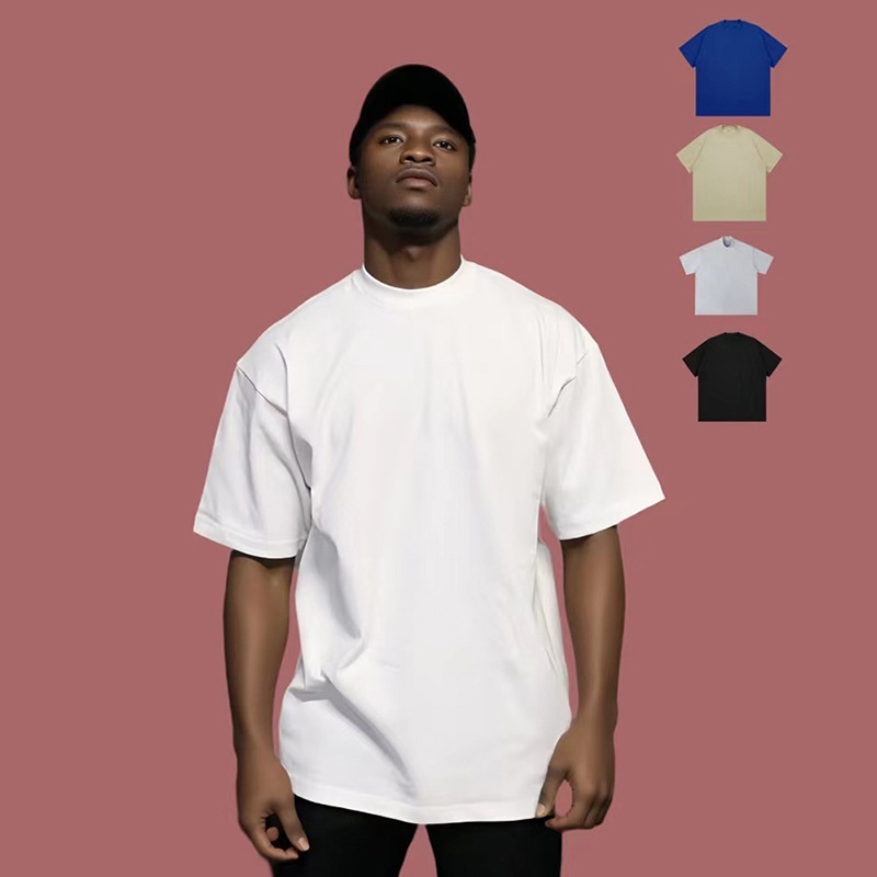 350g camiseta de manga corta transfronteriza hombre cuello pequeño color sólido suelto estilo hip-hop americano camisa de moda
