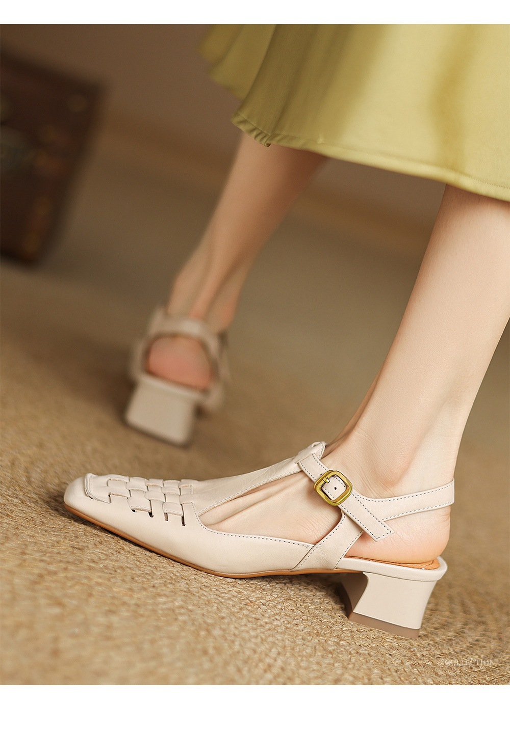 Sandal Mary Jane nữ mũi vuông da bò gót thấp quai chữ T đan dây — đen chi tiết 1