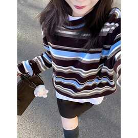 【绵羊绒】法式复古撞色条纹长袖针织衫女早秋独特超好看设计感宽