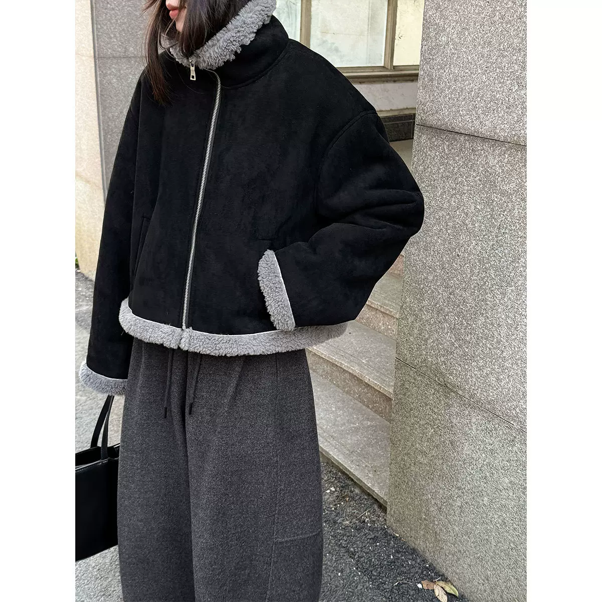 鹿西 韩系立领麂皮拼接羊羔毛短外套女冬季新款百搭保暖上衣89016