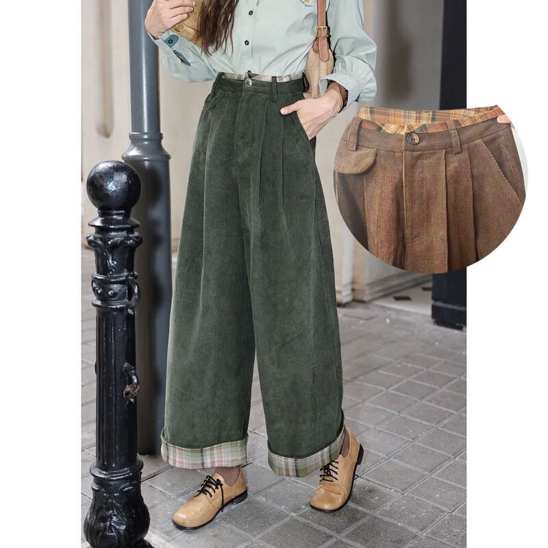 Thickened Corduroy Casual Pants, Fashionable Wide-Leg Pants for Women, Autumn and Winter Design, Spliced ​​Hong Kong Style Trousers, Slim Straight Pants