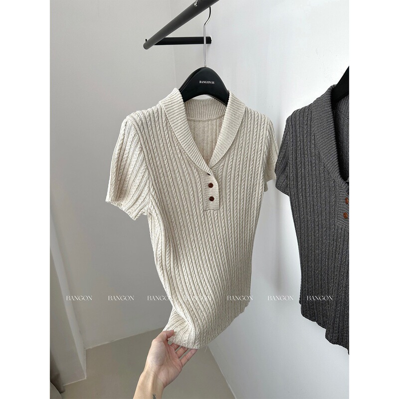 Bangon Ins Old Money Style Retro Lapel Knitwear Casual and Versatile 2026 Spring New Short-Sleeved Top