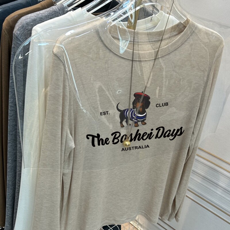 American Retro Round Neck Dachshund Letter Print Bottoming Shirt Autumn and Winter New Versatile Women's Long-Sleeved T-Shirt