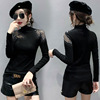 Leaf Hot Diamond Shoulder Leakage Cotton Yarn Bottom Small Shirt Black Heavy Industry