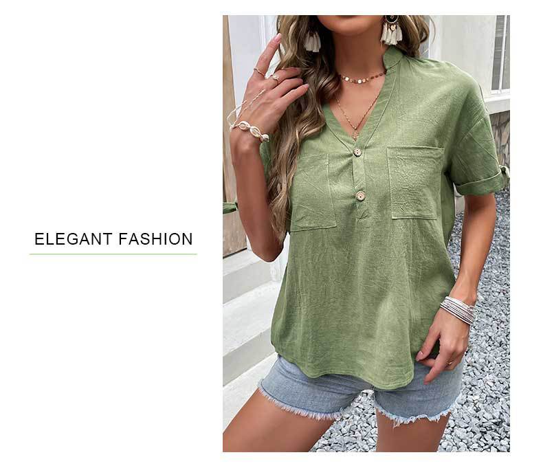 short-sleeved v neck loose solid color top NSDMB127411