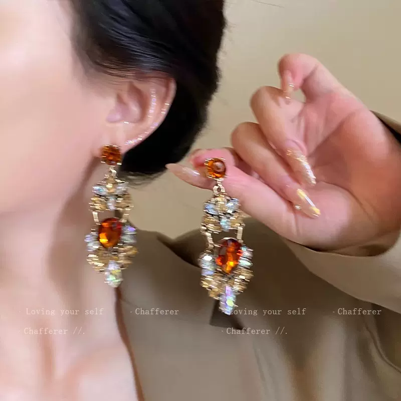 轻奢千金大小姐耳饰复古重工锆石夸张耳环长款气质流苏个性耳坠