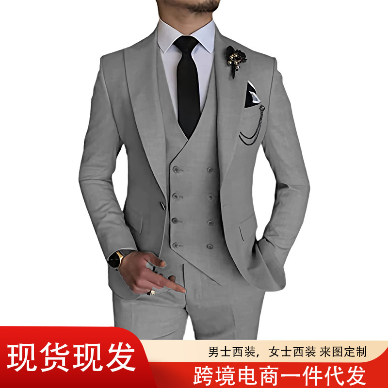 Men's Business Suit Three-Piece Factory Cross-Border Dropshipping Suit Male Groomsmen New Dress Three-Piece Set in Stock