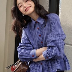 【スポット】iu系格子シャツ女2025春の新型ハスの葉の縁の長袖シャツの上着のショートタイプ