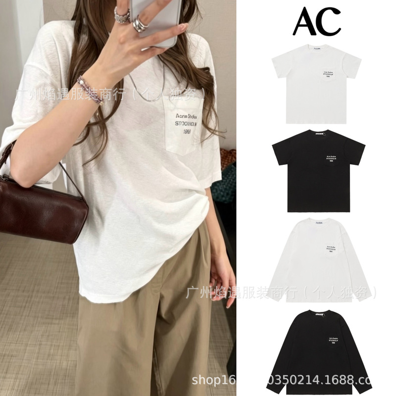 In-Stock Ac Brand 1996 Pocket Letter Print Short-Sleeve Casual Loose Unisex Top Snowflake Cotton Long-Sleeve Trendy Shirt