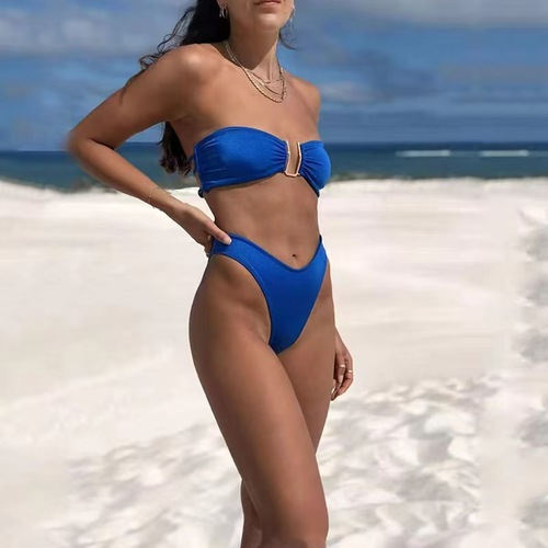 Swimsuit 2025 Sexy, European and American Plain Color High-Waist Bathing Suit Bikini