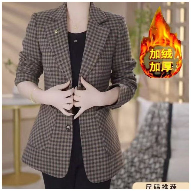Dropshipping 2025 Autumn and Winter New Style Plaid Blazer for Middle-Aged Moms, Fleece-Lined, Stylish, Age-Reducing, Versatile