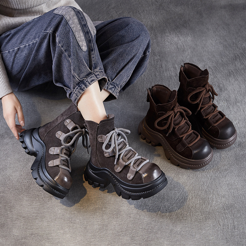 Genuine Leather Martin Boots Thick-Soled Retro Pure Color Lace-Up Boots for Women Autumn and Winter Versatile Short Boots First Layer Cowhide Wasteland Trend
