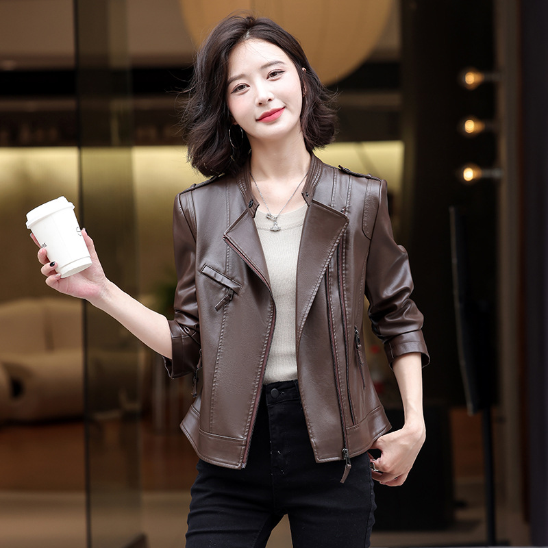 2024 Autumn and Winter New Korean Style Leather Jacket Women's Pu Leather Jacket Motorcycle Wear Large Size Slim Women's Leather Jacket