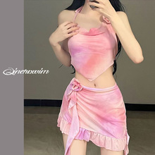泳衣女款分体三件套时尚晕染纯欲风超仙粉色沙滩度假温泉泳衣批发