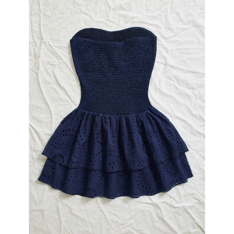 D 85074 comercio exterior Aliexpress moda transfronteriza azul navy pliegue sin correa de hombro bordado agujero sexy