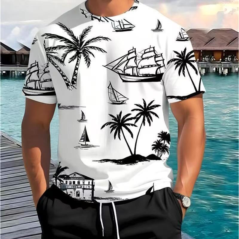 2025 Summer Short-Sleeved New Tops for Men with Palm Tree Print, Fashionable Vacation Beach T-Shirts, Casual