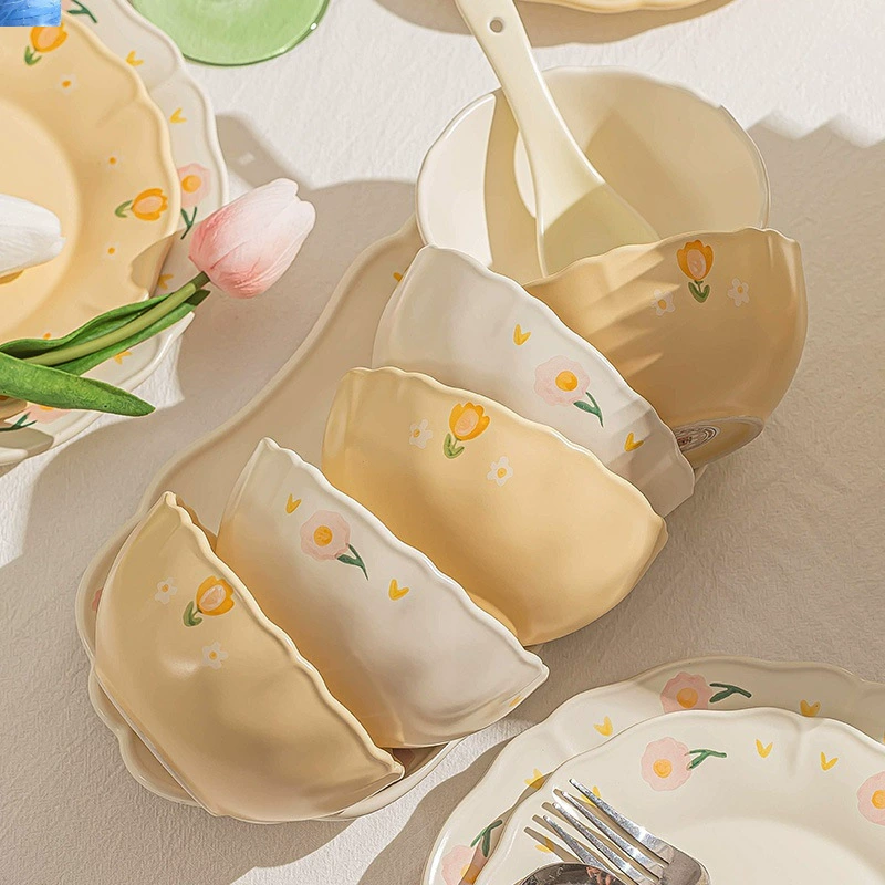 Cream cute ceramic tableware, set, gift box, light luxury style, Birthday gift