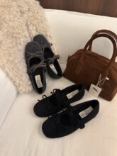 法式内加绒玛丽珍鞋女秋冬外穿毛毛鞋仙女风毛呢蝴蝶结棉单鞋