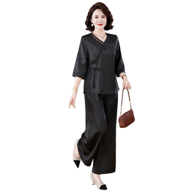 Рубашка Cheongsam из искусственного шелка с жаккардовым v-образным вырезом для мамы, широкие брюки для среднего и пожилого возраста, свободный летний костюм-двойка большого размера с рукавами три четверти