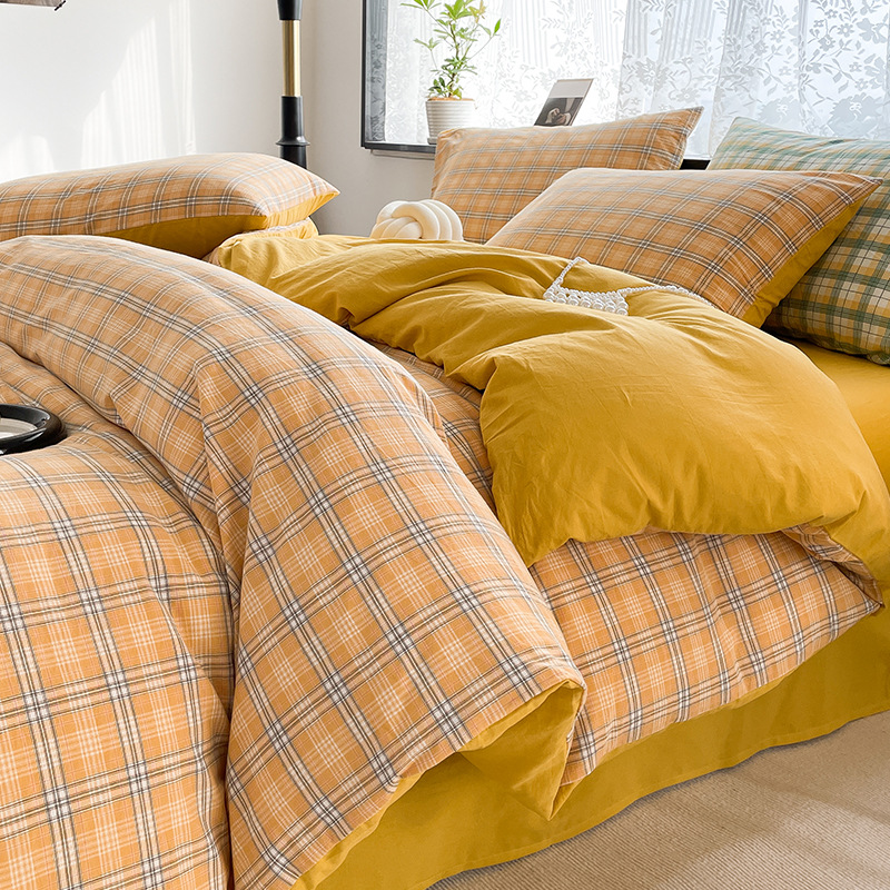 Cama de algodón lavado de algodón de cuatro piezas, sábana de algodón, funda de edredón, dormitorio de estudiantes, ropa de cama de tres piezas, ropa de cama