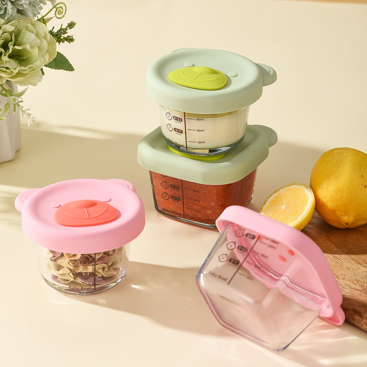 Baby food supplement box glass with scale steamed egg bowl sealed bear infant food supplement Bowl storage crisper