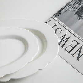 3WKF「白茶花系列~ins餐具」浪漫花边白色碗盘陶瓷纯色餐盘小