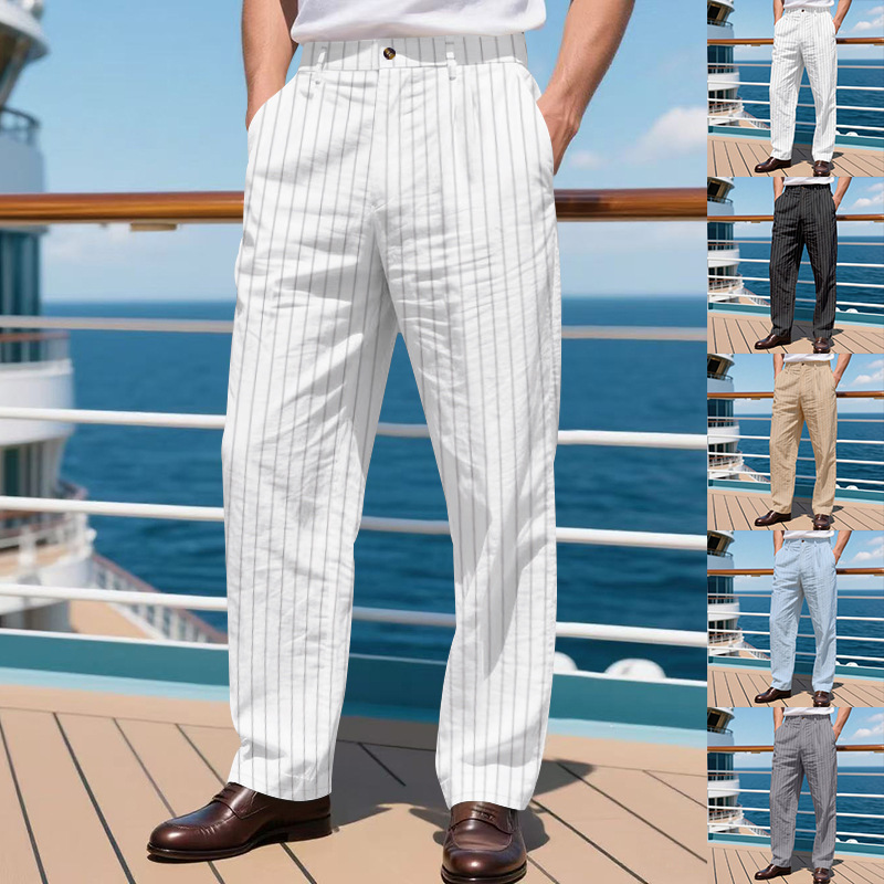 2025 Cross-Border American Autum Men's Linen Loose Breathable Simple Casual Vertical Stripes Design Straight Suit Pants
