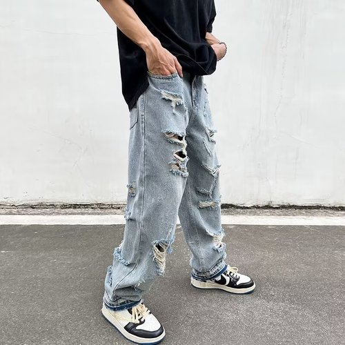 Men's Ripped Denim Jeans with Western Vibe, Cool and Casual Straight Leg Pants, Summer American High Street Style, Instagram Retro Trendy Pants