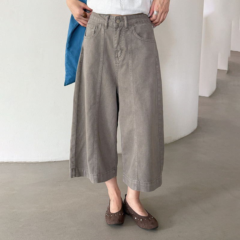 [Oufan] Washed Cotton Split Design Cropped Jeans for Women, High-Waisted, Slimming, Casual Wide-Leg Pants 11373