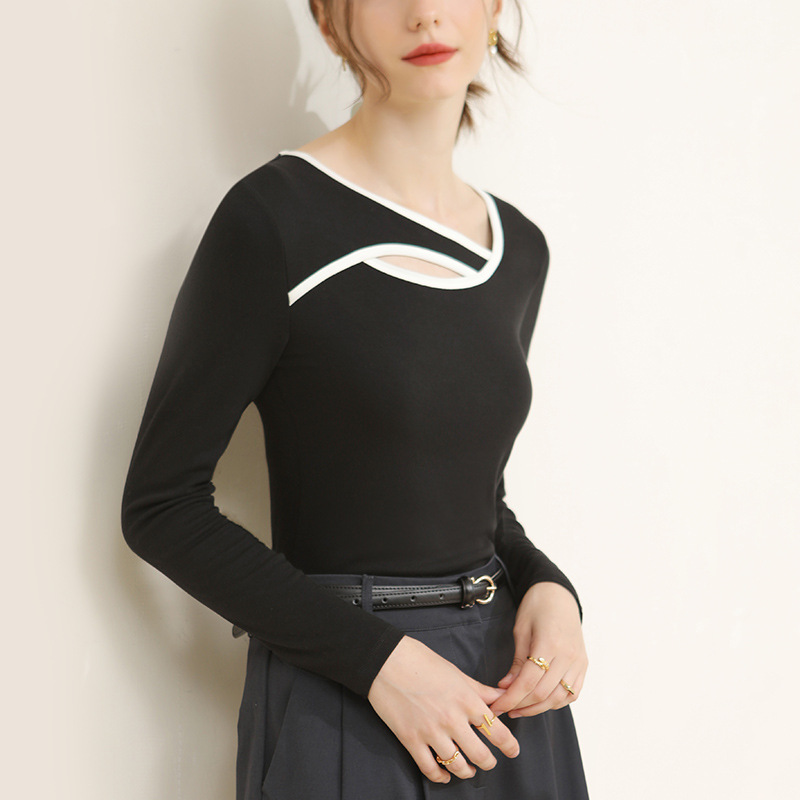 Canvaus mujeres de otoño e invierno de alta gama de diseño de manga larga irregular cuello redondo exterior desgaste hueco-camisa de fondo