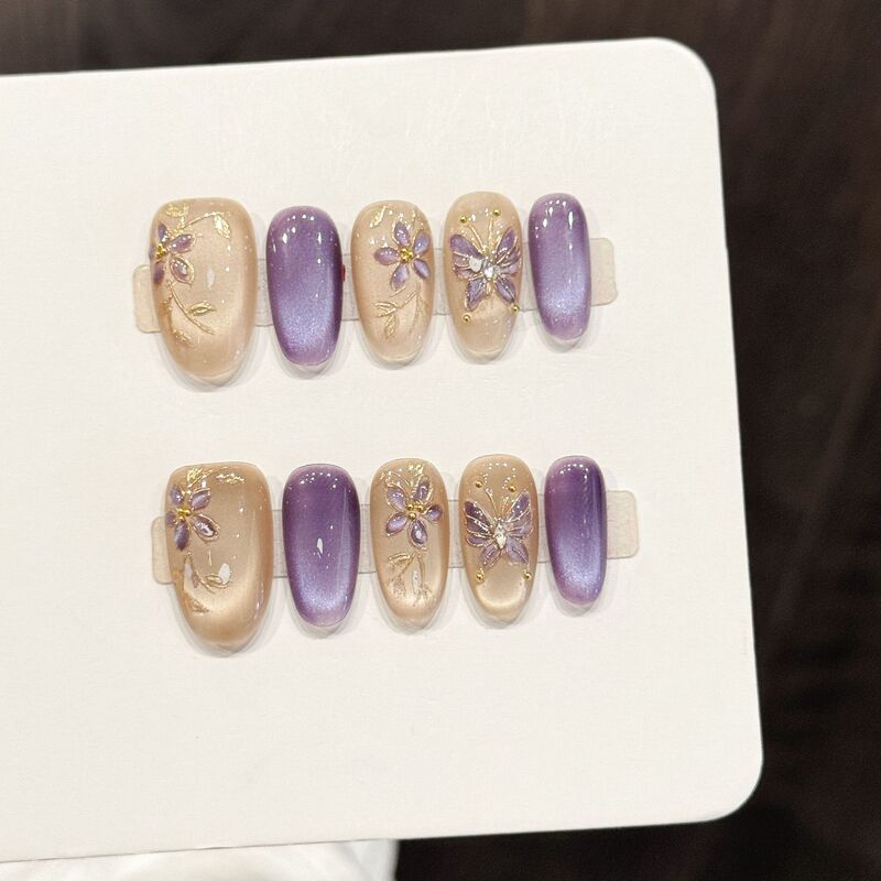 Rui Ka Man【Soft Purple Gold Branch】Purple Cat's Eye Gold-Plated Flower Nail Art High-End Atmosphere Handmade Wearable Nail Pieces