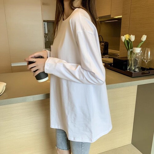 Korean Plus Size Pure Cotton Long Sleeve T-Shirt for Women Loose and Slim Fit Layering Top Overshirt Medium Length T-Shirt Casual
